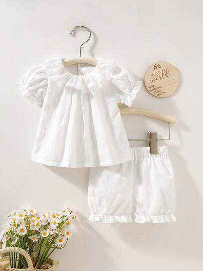 SHEIN 2pcs Baby Girls Minimalist Elegant Sweet Ruffle Collar Knit Jacquard Short Sleeve Top And Shorts Cotton Set, Suitable For Daily Wear And Party, Spring/Summer New Arrival