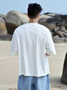 DAZY Men's Short Sleeve Cropped White T-Shirt With Printed Pattern, Summer - White - View 2