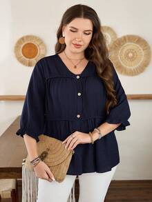 Lacomfia Plus Size Women's Fashion Long Sleeve Pleated Front Drawstring Long Sleeve Blouse - Navy Blue - View 6