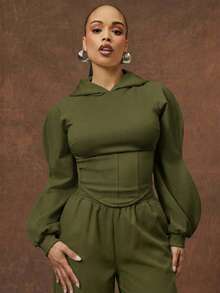 Vixey Wave Sleeve Corset Asymmetrical Hem Cropped Hoodie - Olive Green - View 2