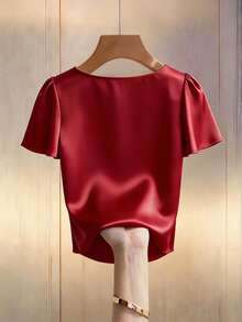 GlowEve CURVE Plus Size Women's Solid Color Ruffle Trim Short Sleeve Loose Blouse - Red - View 2