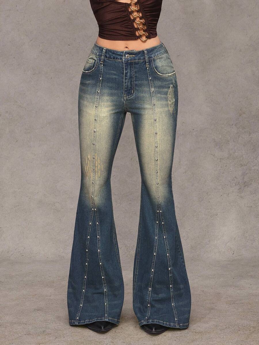 Jeanoix Quần jeans ống loe bạc màu kiểu Y2K dành cho nữ - Rửa tối - Xem 1