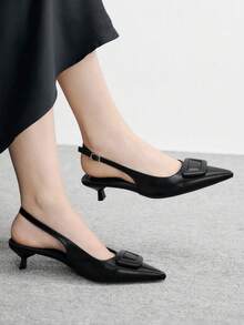 CUCCOO BIZCHIC 女士新款尖头黑色漆皮后带闭趾细高跟通勤时尚高跟凉鞋 - 黑色 - 查看 1