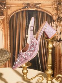 CUCCOO TILAWA Chaussures pour femmes à talon carré en tissu avec décoration de strass en verre. Chaussures à talons hauts pointus, convenant pour les sorties, les banquets, les fêtes et autres activités - Rose bonbon - Voir 6