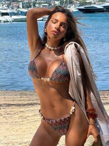 Swim Vcay New Brown Maple Leaf Printed Tie-Up Backless Fashionable Sexy Women Bikini Set - Multicolor - View 4