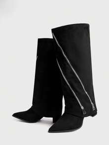 Sugerpunk 女士尖头拉链设计时尚百搭高跟过膝长靴 - 黑色 - 查看 4