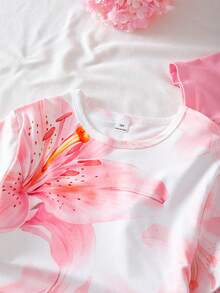 Sparklyn 3pcs Girls' Crew Neck Short Sleeve Fitted Asymmetrical Hem T-Shirts, Black, White, Leopard Print, Casual Summer Tops - Pink - View 3