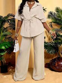 SHEIN VaVaLuxe 2pcs Linen Blend Short Sleeve Tie-Waist Casual Shirt And Elastic Waist Straight Leg Pants Set, Spring/Summer - Apricot - View 8