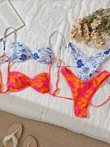 Swim Vcay 女士夏季中国风印花扭结细肩带高衩性感比基尼套装 - 藍白色 - 查看 2