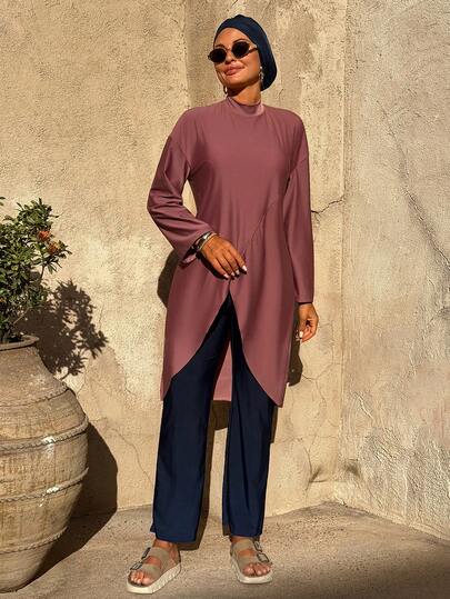 Swim Mulvari Women's Beach Cover-Up Wrap Hem Burkini Swimwear, Loose Fit Vacation Style With Stand Collar New Dress Women Abaya Summer Vacation Beach Holiday Outfits For Women