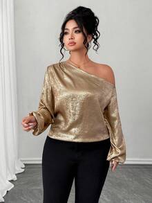 SHEIN PETITE CURVE 大码优雅金属装饰灯笼袖上衣，秋季 - 金色 - 查看 4