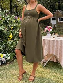 SHEIN Maternity Summer Casual Vacation Solid Color Single-Breasted Cami Dress - Army Green - View 4