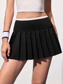 CourtClass 女士撞色滚边褶裥休闲运动迷你裙，夏季 - 黑色 - 查看 3