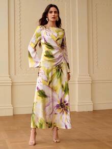 ZEYLAH Đầm satin in hoa thanh lịch, ôm dáng, thắt nơ, thích hợp cho mùa xuân/hè. - Vàng nhạt - Xem 4