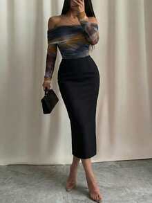 Modelyn Knitted Tie Dye Print Elastic Mesh Splice Solid Black Off Shoulder Long Sleeve Fitted Bodycon Party Graduation Elegant Fashionable Dress, Autumn - Black - View 1