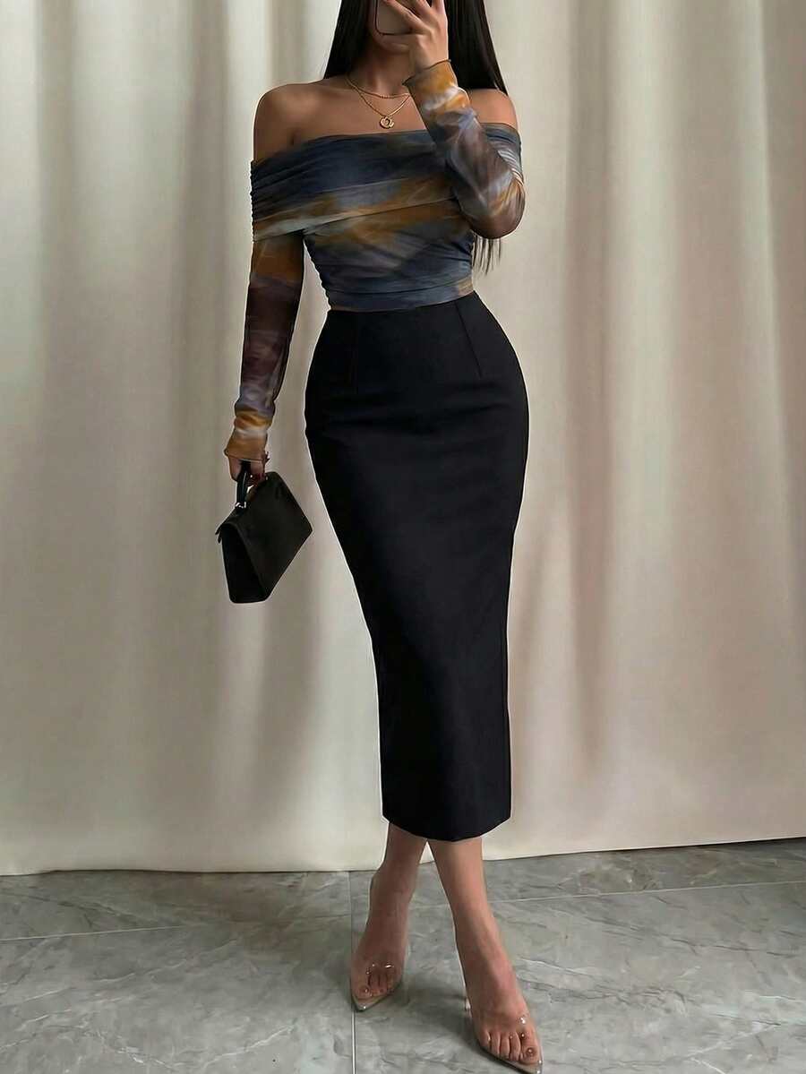 Modelyn Knitted Tie Dye Print Elastic Mesh Splice Solid Black Off Shoulder Long Sleeve Fitted Bodycon Party Graduation Elegant Fashionable Dress, Autumn - Black - View 1