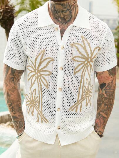 Manfinity RSRT Men's Summer Casual Vacation Coconut Tree Pattern Front Button Hollow Knit Top