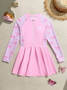SHEIN Tween Girls' Vacation Beach Bowknot Striped Print Half Zip One-Piece Swimsuit Tween Swimsuit Rashguard Girls Swimsuit Long Sleeve Rash Guard Long Sleeve Swimsuit For Tweens Tween Rash Guards Teen Girl Rash Guard Set - Pink - View 3