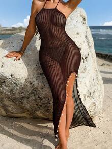 Swim SXY Women's Brown Shell Halter Tie Backless Slit Hollow Knit Beach Cover Up Dress - Brown - View 1