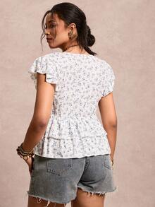 Plus Size Ditsy Floral Ruffle Sleeve Tie Front Summer Fashion T-Shirt - White - View 2