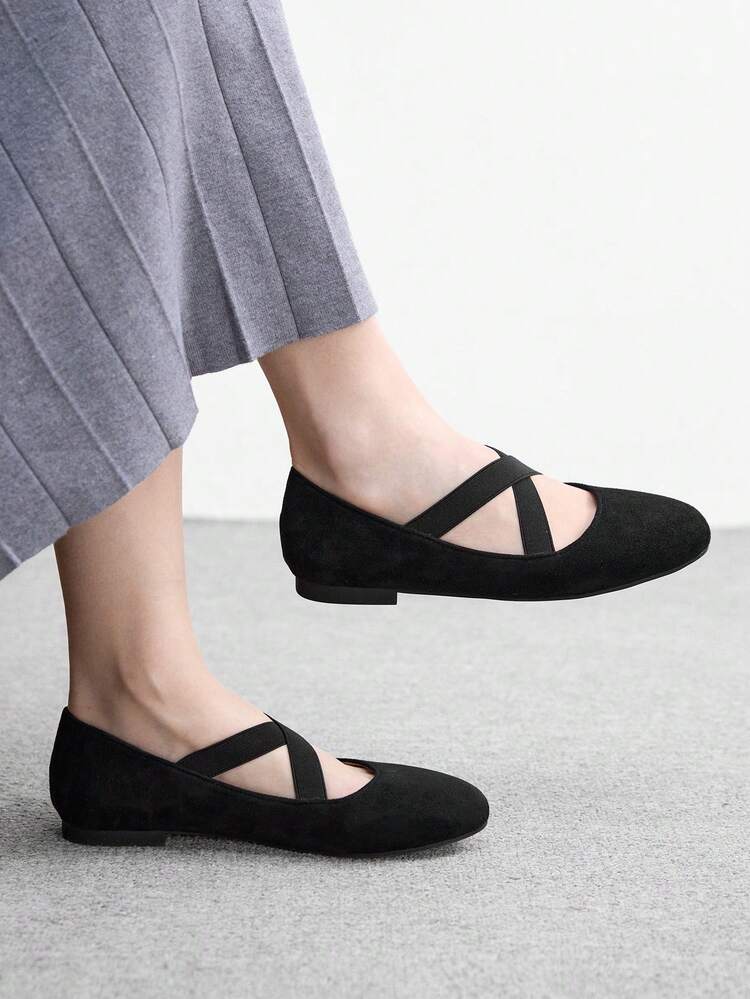 CUCCOO BIZCHIC Women Shoes Round Toe Flat Bottom Black Elastic Cross Strap Women's Flat Bottom Shoes Daily Commuting Comfortable Versatile Flat Bottom Women's Shoes Spring Shoes