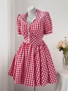 Sweetra 大码女士优雅格子蕾丝拼接迷你连衣裙 - 紅色 - 查看 6