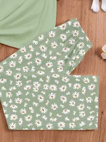 Bộ đồ mặc nhà phong cách Boho Daisy in họa tiết hoa cúc, kiểu dáng tối giản, gồm áo thun cổ tròn tay ngắn và quần ống rộng, thích hợp cho mùa hè. - Nhiều màu - Xem 5