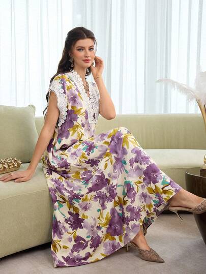 SHEIN Najma V-Neck Elegant Floral Print & Lace Patchwork Short Sleeve Swing Dress For Women