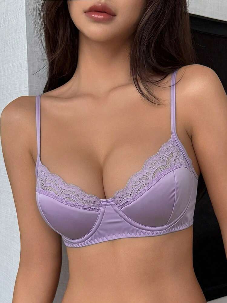 Lace Patchwork Wireless Padded Adjustable Spaghetti Strap Bra, Sexy Lingerie For Women, Spring/Summer