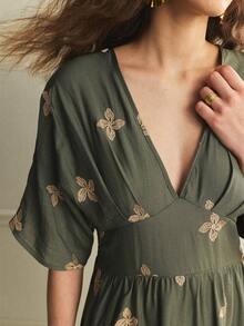 Écloséra 女士优雅刺绣连衣裙，法式复古风中长连衣裙，春夏款 - 軍綠色 - 查看 2