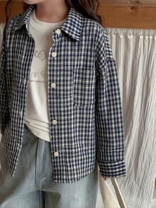 Hapijoa Girls (Small) Summer Plaid Casual Korean Style Long Sleeve Fresh And Sweet Shirt - Blue - View 5