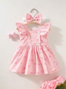 SHEIN Bộ 2 món váy và băng đô không tay in họa tiết hoa màu nước cho bé gái, trang phục sơ sinh với nơ trang trí, thiết kế mở phía trước tiện lợi, phù hợp cho bé từ 0-9 tháng tuổi, dự tiệc, mặc hàng ngày, mềm mại và thoải mái, sản phẩm mới mùa hè 2026. - Màu Hồng baby - Xem 2