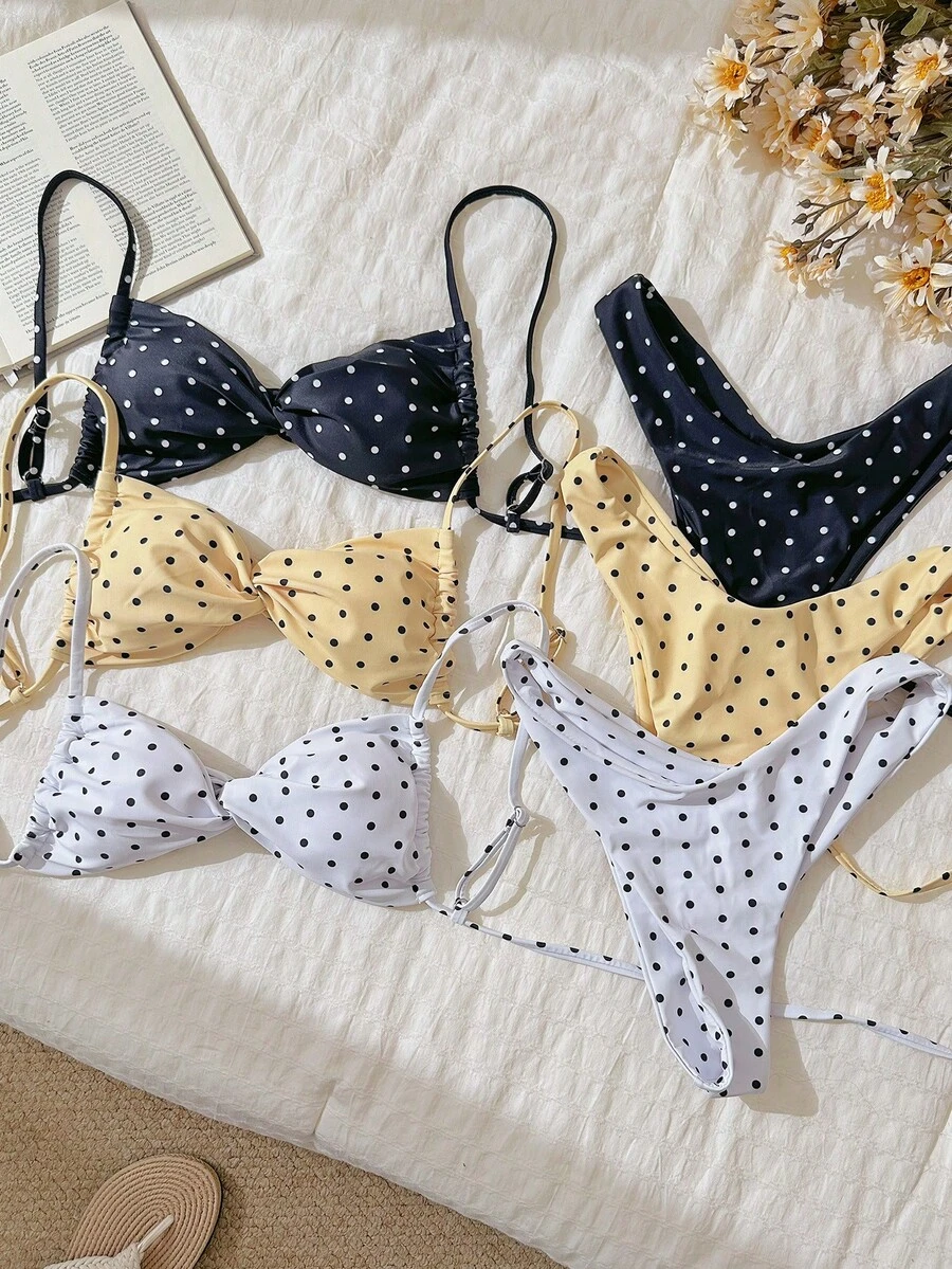 Swim Mod Springbreak Women Dot Random Print Spaghetti Strap Twist Cutout Sexy Bikini Sets Summer Beachwear - Multicolor - View 1