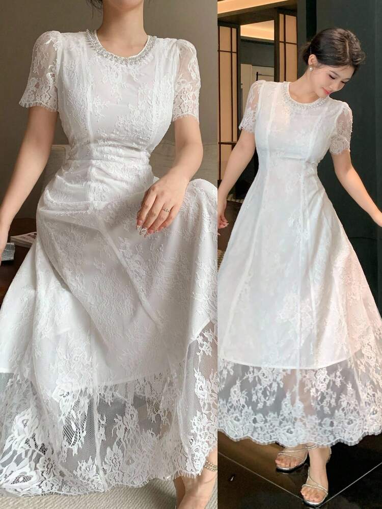 Elegant Lace Round Neck Puff Sleeve Midi Dress For Women Summer,Wedding Guest Dress Women Sundress