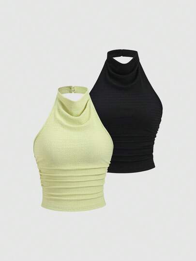 Sweetra 2 piezas Nuevo top sin espalda elegante y sexy con cuello de halter y drapeado, unicolor verde/negro, casual y versátil para uso diario Y2K