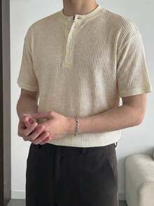 DAZY 男士纹理面料半开襟圆领短袖T恤，夏季款 - 白色 - 查看 5