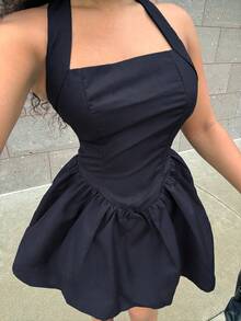 Alexandranx Solid Color Square Neck Backless Square Collar Pleated Mini Dress Backless Dress Bubble Sleeveless Dresses Summer Party - Black - View 3