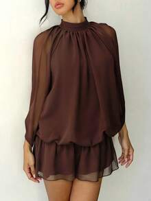 Almamuse 女士优雅棕色披肩迷你连衣裙，女士优雅连衣裙，女士派对连衣裙，女士通勤约会派对装扮连衣裙，派对焦点连衣裙，女士专属宴会连衣裙 - 棕色 - 查看 4