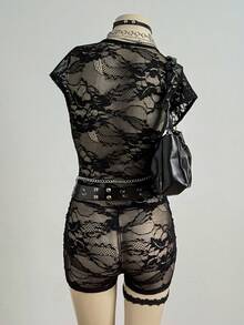 EgrlEra Bộ jumpsuit nữ gợi cảm phong cách punk tối màu, chất liệu ren xuyên thấu, cổ chữ V sâu, ôm sát cơ thể, không kèm thắt lưng xích. - màu đen - Xem 2