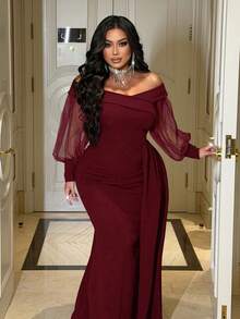 NU&NOW Plus Size Mesh Patchwork Off-Shoulder Party Dress - Burgundy - View 5
