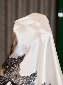 SHEIN Women's Sexy White Satin Camisole Nightgown, Contrast Black Lace Luxury Nightdress - White - View 8