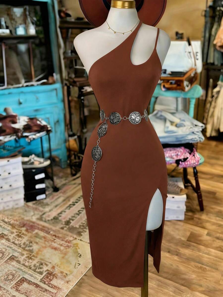 NostaNoir Women's Fashionable Solid Color Sexy Midi Bodycon Dress - Brown - View 1