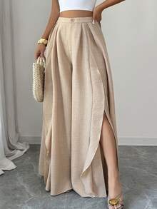 Elenzga 女士优雅休闲宽松长裤，开衩荷叶边裤脚，适合夏季郊游、约会、新年、情人节、复活节、母亲节、音乐节、中东婚礼、通勤、浪漫假期等场合，浅米色 - 杏色 - 查看 4