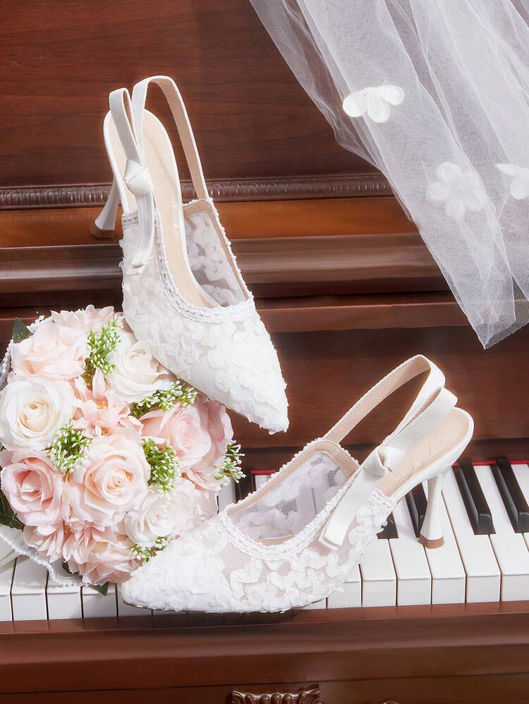 CUCCOO HITCHD Women Shoes Spring Summer Stereo Petal Bow Pointed Retro Mesh White Mule Shoes Party Dating