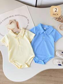 Playful Pals 男婴夏季针织连体衣，纯色短袖半开襟连体衣两件套，适合休闲穿着、居家和户外活动 - 彩色 - 查看 11