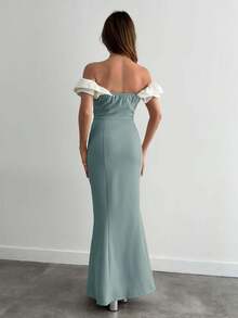 EURMUSE Two Tones Off Shoulder Ruffle Trim Bodycon Dress, Elegant Dress - Mint Green - View 2
