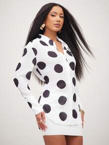 NYA SZN White With Black Polka Dots,Autumn,Chic,Office Long Sleeve Button Collar Blouse,Office Siren Wedding Guest Teacher Back To School Modest Church - Black and White - View 7