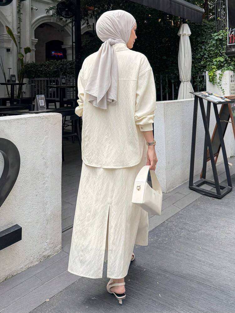 Women's Casual Solid Color Shirt And Skirt 2 Pieces Set, Spring/Summer