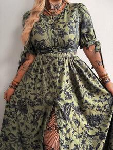 Whyspr Plus Size Punk Vintage Butterfly Print Vacation Dress, Spring/Summer - Army Green - View 4