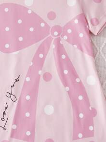 女童简约西瓜粉色印花蝴蝶结波点英文字母圆领短袖睡袍家居服 - 粉色 - 查看 6